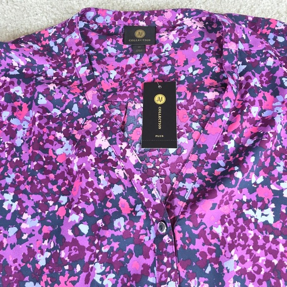 JM Collection Tops - JM Collection Blouse Women 3X Purple Abstract Roll Tab Sleeve Split Neck Top